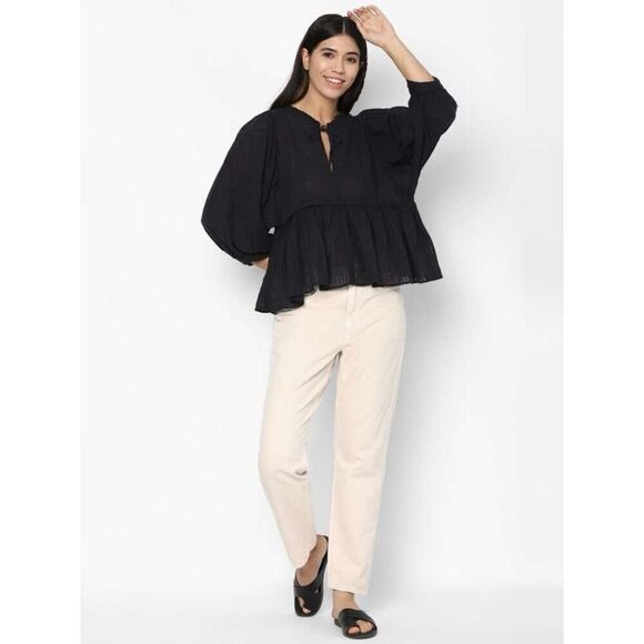 ✨AMERICAN EAGLE WOMEN BLACK LONG-SLEEVE PEASANT SZ MEDIUM BLOUSE✨ - Picture 1 of 10